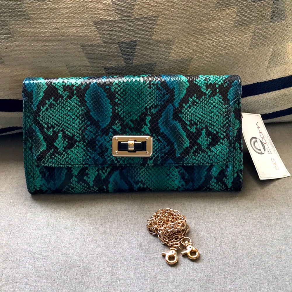 BIG BUDDHA jdara teal wristle snake shoulder bag with gold chain python bag NWT